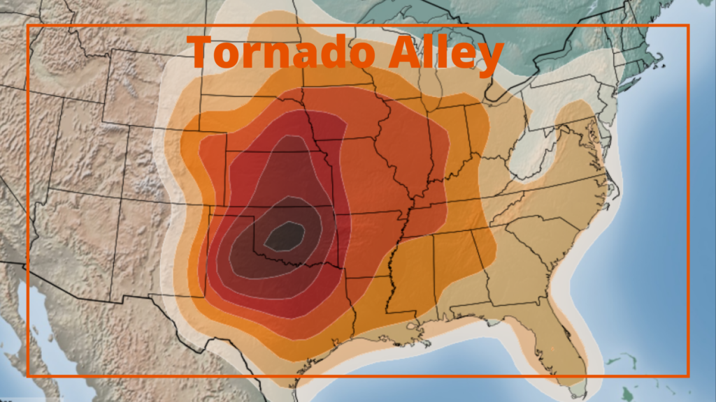 Heat map of where in the United States Tornadoes commonly touch down in the springtime.